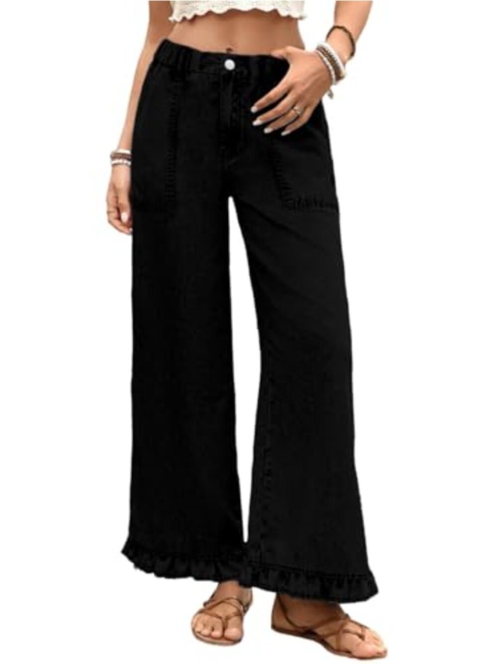 Wide Leg High Waisted Jeans Stretch Ruffle Hem Denim Pants